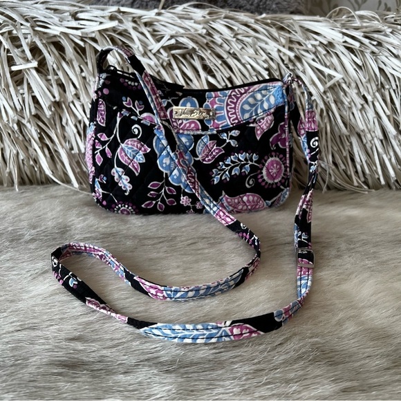 VERA BRADLEY Alpine Floral Little Crossbody Black Blue Purple Quilted REPAIRED - Picture 1 of 16